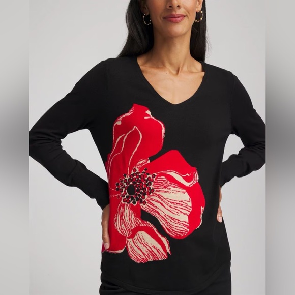 Chico's Ella V-Neck Floral Intarsia Sweater- Perfect for the holidays- Brand New - Picture 2 of 4